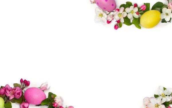 Пасхальное Украшение Пасхальная Рамка Розовых Цветов Яблоня Цветные Пасхальные Яйца — стоковое фото