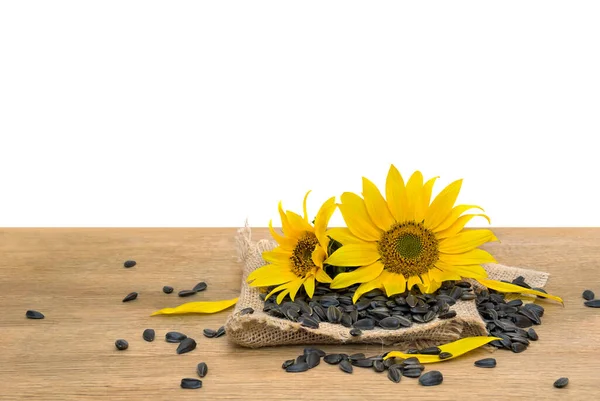 Blumen Und Sonnenblumenkerne Auf Klette Auf Holztisch Auf Weißem Hintergrund — Stockfoto