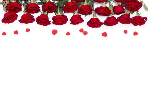 Decoration Valentine Day Beautiful Flowers Red Roses Red Hearts Space — Stock Photo, Image