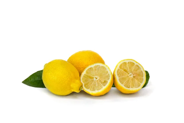 Lemons Halfs Leaves White Background Space Text — Stock Photo, Image