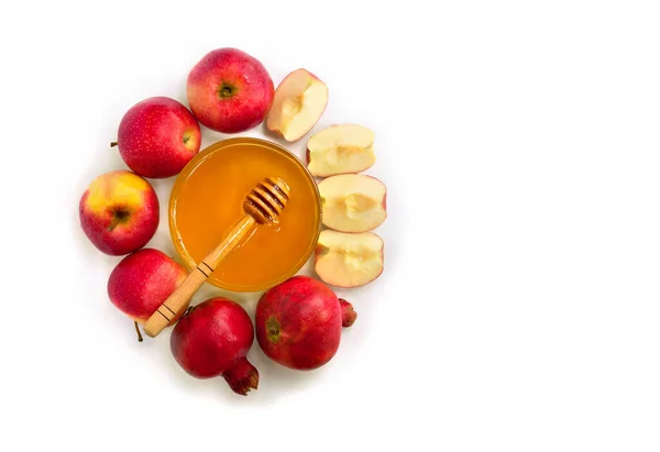 Honey Glass Bowl Wooden Honey Dipper Red Apples Garnet White — Stock Photo, Image