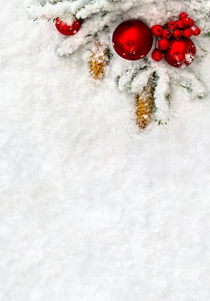 Kerstversiering Tak Kerstboom Kerstballen Bessen Kegels Sparren Sneeuw Bovenaanzicht Vlak — Stockfoto