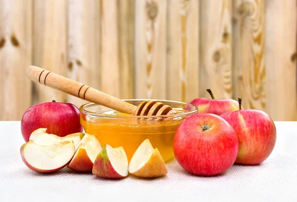 Honey Red Apples Table Wooden Background — Stock Photo, Image