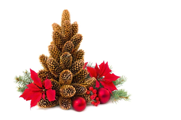 Decoração Natal Árvore Natal Cones Abeto Flor Poinsettia Vermelho Euphorbia — Fotografia de Stock