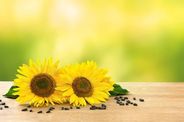 Blumen Und Sonnenblumenkerne Auf Holztisch Auf Defokussiertem Natürlichen Hintergrund Mit — Stockfoto