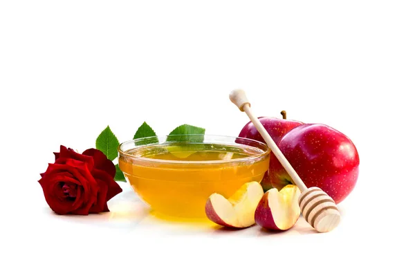 Honig Rote Äpfel Und Rote Rose Auf Weißem Hintergrund — Stockfoto