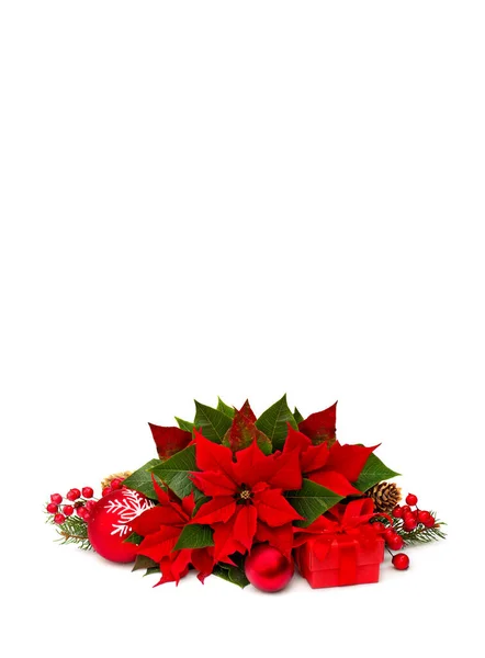 Decoração Natal Flor Poinsettia Vermelho Árvore Natal Ramo Bolas Natal — Fotografia de Stock