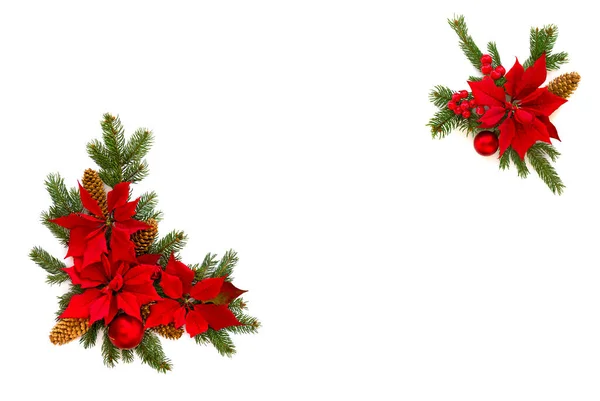 Kerstversiering Frame Van Bloem Van Rode Poinsettia Tak Kerstboom Kerstbal — Stockfoto