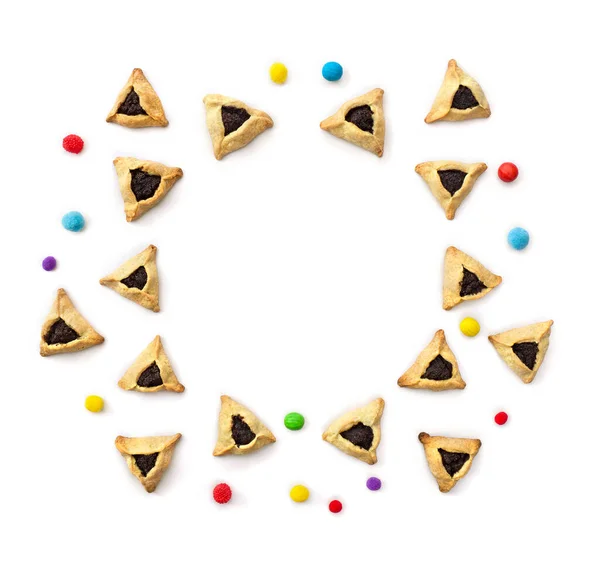 Driehoekige Koekjes Met Maanzaad Hamantasch Aman Oren Gekleurd Snoep Voor — Stockfoto