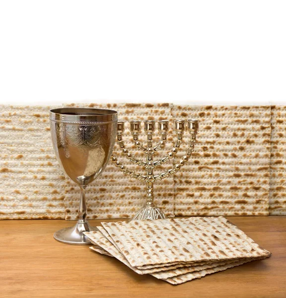 Matzo Menorah Wine Bowl Passover Celebration Wooden Table White Background — Stock Photo, Image