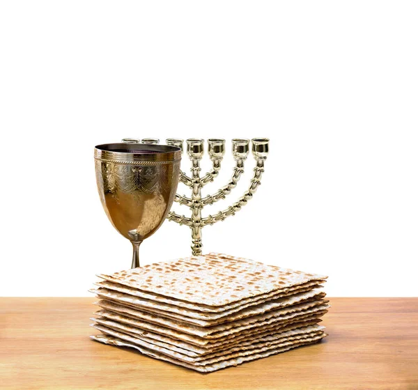 Matzo Menorah Wine Bowl Passover Celebration Wooden Table White Background — Stock Photo, Image