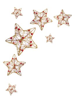 Yılbaşı metal yıldızlarının dekorasyonu beyaz arka planda izole edilmiş ve yazı için yeri var. Üst manzara, düz uzanma