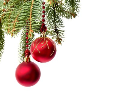 Noel süsü. Beyaz arkaplanda kırmızı toplar asılı Noel ağacı ve metin için boşluk