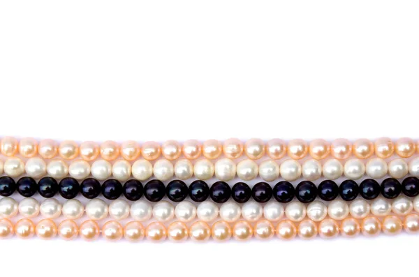 White Coral Pink Black Pearls White Background Space Text Top — Stock Photo, Image