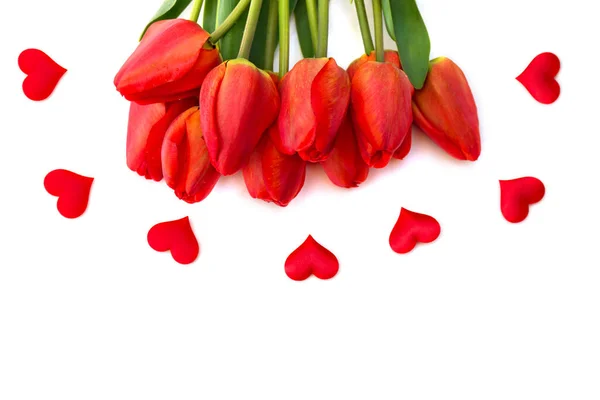 Bouquet Red Tulips Hearts White Background — Stock Photo, Image