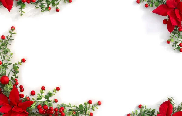 Noel süsü. Kırmızı noktalı çiçek çerçevesi, dallı noel ağacı, beyaz arka planda kırmızı böğürtlenler ve metin için boşluk. Üst manzara, düz uzanma