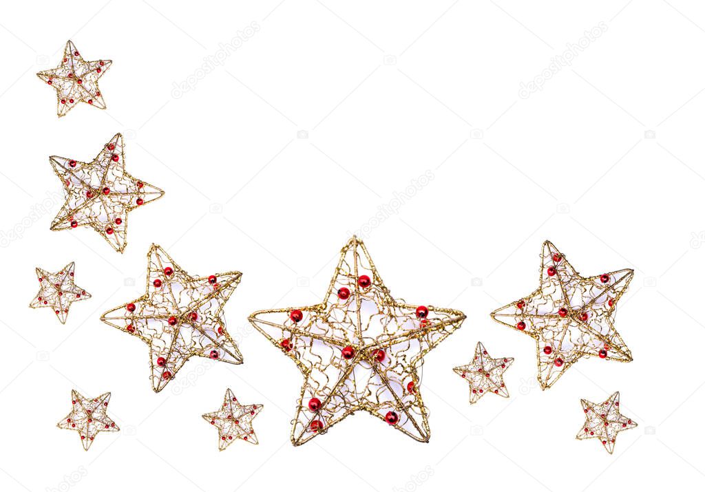 Christmas metal stars decoration isolated on a white background with space for text. Top view, flat lay