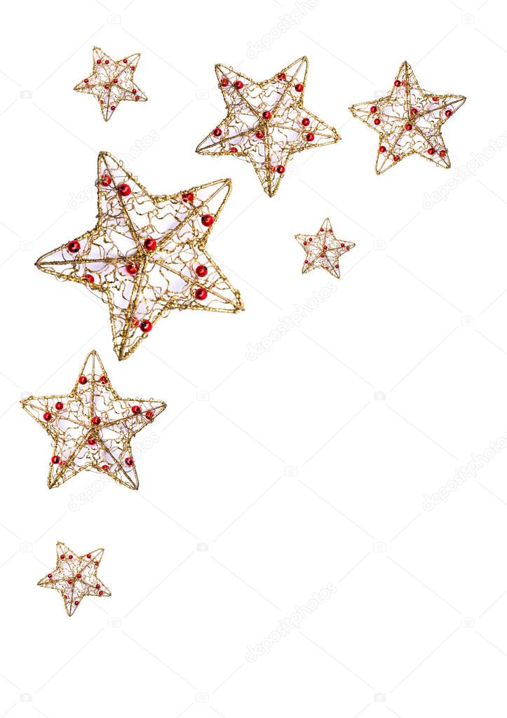 Christmas metal stars decoration isolated on a white background with space for text. Top view, flat lay