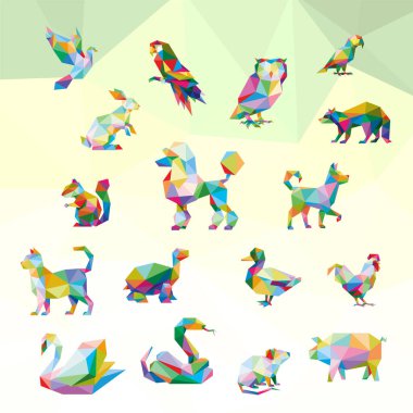 KUŞ RABBIT OWL RAWON RAODLE HİPMUNK KEDİ KEDİ KUŞUĞU Yılan Faresi Yılan Sıçan Faresi PIG ROOSTER POP POP PEGO İKONU İCON Sembolü. ÜÇÜNCÜ GEOMETİK POLİGON