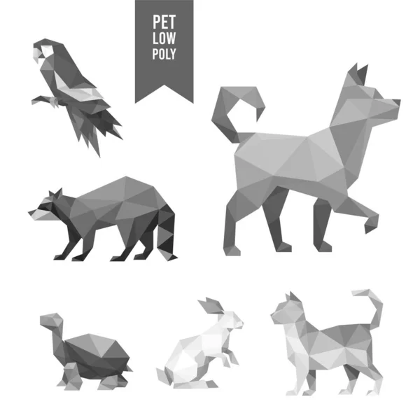 Bird Racoon Dog Turtle Rabbit Cat Animal Pet Grayscale Low — Vetor de Stock