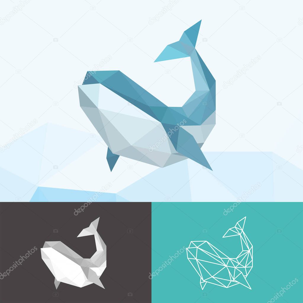 WHALE SEA ANIMALS LOW POLY LOGO ICON SYMBOL SET. TRIANGLE GEOMETRIC POLYGON