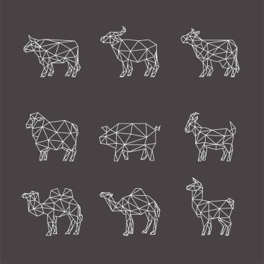 Öküz Buffalo İnek Keçi Keçisi LLAMA Hayvanat Bahçesi Düşük Logo İkona Sembolü seti. ÜÇÜNCÜ GEOMETİK POLİGON