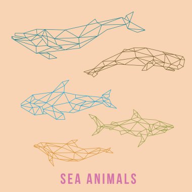 Deniz Hayvanı Düşük Çizgili Logo Simgesi Ayarlandı. ÜÇÜNCÜ GEOMETİK POLİGON