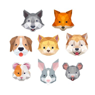 Sevimli yüzlü hayvan evcil hayvanı düşük kutuplu logo simgesi. ÜÇÜNCÜ GEOMETİK POLİGON