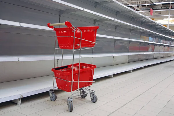 Shopping trolley with empty baskets by empty shelves in supermarket