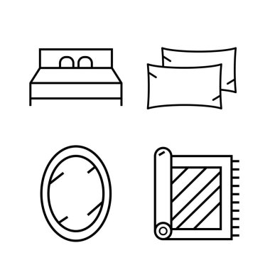 Web tasarım, logo ve UI için tasarım biçimi vektörü olan yatak odası simgesi ayarlandı. İllüstrasyon. Yatak, Yastık, Ayna, Halı gibi simgeleri içerir