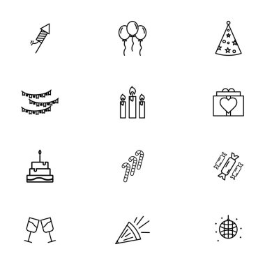 parti doğum günü simgesi tasarımınız için ana hatları ayarlayın. Havai fişek, parti, roket, balon partisi, şapka partisi ikonu, dekorasyon partisi, mum, hediye, disko ışıkları partisi gibi