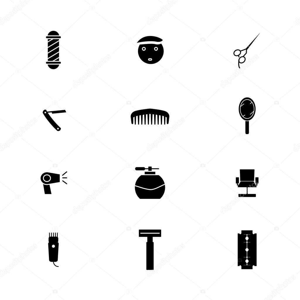 barbershop icon set glyph style for your web design, logo, UI. illustration . such as razor blade. barber pole, comb, stright razor,cologne spray,barbers chair