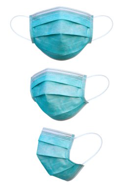 Doktor maskesi ve korona virüsü koruması beyaz arka planda, 3 açılı tıbbi maske ve kırpma yolu ile izole edilmiş.