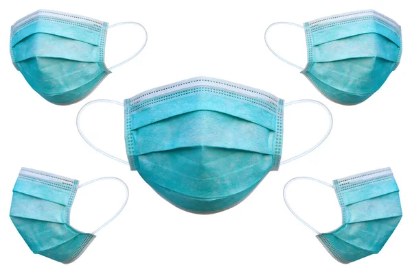 Doktor maskesi ve korona virüsü koruması beyaz arka planda, 5 açılı tıbbi maske ve kırpma yolu ile izole edilmiş.