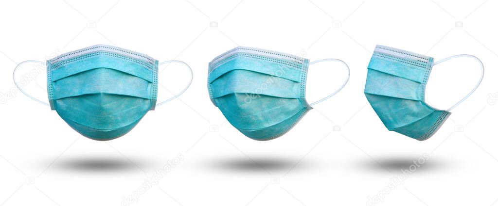 Doctor mask and corona virus protection isolated on a white background, 3 angles medical mask, With clipping path