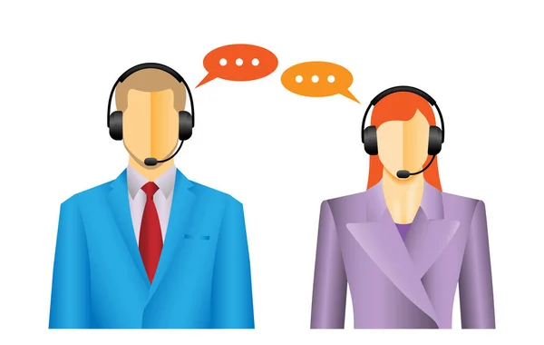 Gezichtsloze Man Vrouw Call Center Dragen Headsets Met Kleurrijke Spraak — Stockfoto