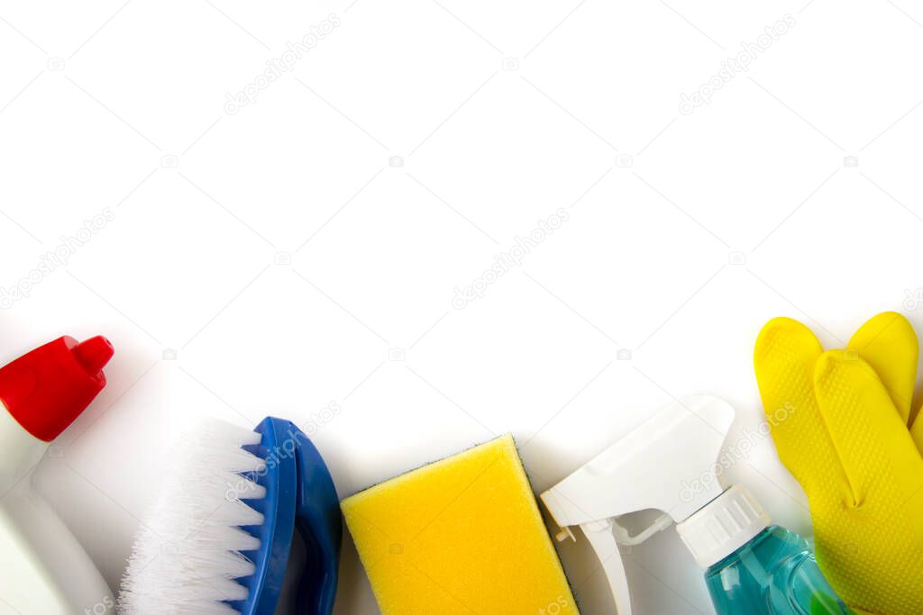 Set of detergents and cleaners in bright plastic bottles for homework and cleaning on a white background. Copyspace. Anti Coronavirus Disinfection