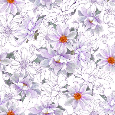 Beyaz Arkaplanda Beyaz Yıldız Çiçeksiz Şablon. Suluboya stili. Tekstil, duvar kağıtları, baskı ve selamlama için. Vektör İllüstrasyonu.