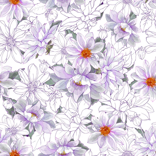 Csinos Virág Varrat Nélküli Minta Fehér Dahlias Fehér Háttér Akvarell — Stock Vector