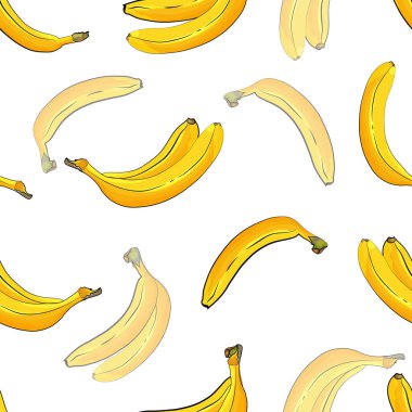 Beyaz arka planda sarı muzlu meyvesiz desen. El çizimi. Paket kağıdı, mutfak tasarımı için. Çizgi film stili. Vektör stok illüstrasyonu.