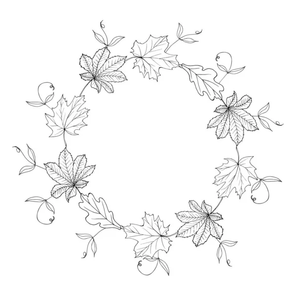 Sonbahar yapraklarının tek renkli çelengi. Moda için yapraklı yuvarlak çerçeve, selamlar, tarihleri kaydetmek için arka plan. Siyah ve beyaz. Eski model. Vektör.