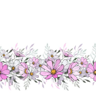 Açık pembe ve beyaz kozmos çiçekli ve yeşil yapraklı çiçek yatay kenarı. Beyazlara ayrılmış. Kopya alanı. Düğününüz, doğum gününüz, randevu kartınız, tebrik kartı dekorasyonunuz için tasarım..