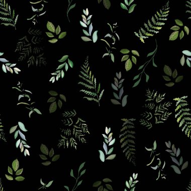 Siyah arka planda dallar. Eğreltiotu, okaliptüs, yeşil yapraklı kusursuz desen. El çizimi. Eko tasarım, baskı, duvar kağıdı, ambalaj kağıdı için. Vektör stok illüstrasyonu.