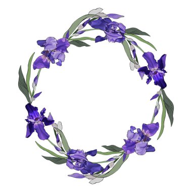 Mor çiçeklerden, süsenlerden ve yeşil yapraklardan oluşan çiçekli bir çerçeve. Beyaz bir arka planda izole edilmiş. Mesaj için yer. Tasarımın için çelenk, tebrik kartları, davetiye. Vektör stok illüstrasyonu.