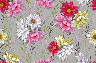 Gri Arkaplan 'da çok renkli Dahlias ve Branch' ı olan Güzel Çiçeksiz Desen. Tekstil, duvar kağıtları, baskı ve selamlama için. Vektör İllüstrasyonu.