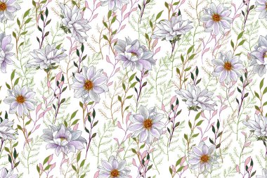 Beyaz Çiçekli Beyaz Çiçeksiz Desen Dahlia 'lar ve Beyaz Arkaplanda Yeşil Şube. Tekstil, duvar kağıtları, baskı ve selamlama için. Vektör İllüstrasyonu.