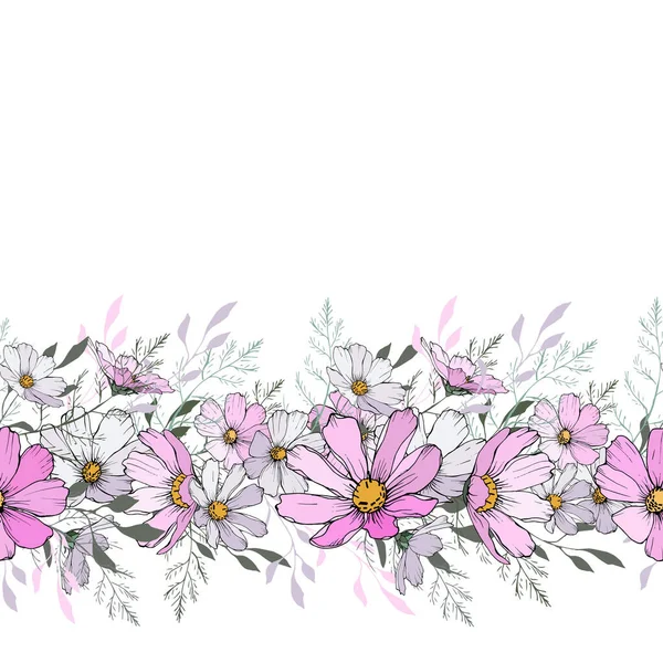 Borde Horizontal Floral Con Flor Cosmos Rosa Blanco Claro Hojas — Vector de stock