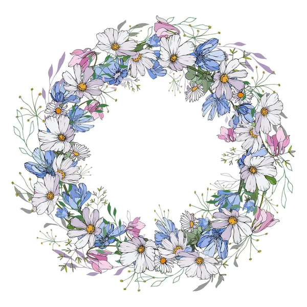 Lush wreath with cute flowers on white background. Round frame of white, blue and pink flowers, green leaves. Place for text. For your design, greeting cards, invitation. Vector stock illustration.