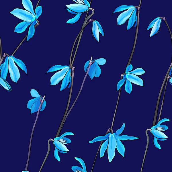 Kwiatowa Wiosna Bezszwowy Wzór Niebieskimi Kwiatami Granatowym Tle Pierwiosnek Projektowania — Wektor stockowy