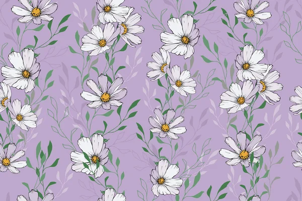Nahtloses Blumenmuster Mit Weißen Kosmosblüten Und Grünen Blättern Auf Violettem — Stockvektor